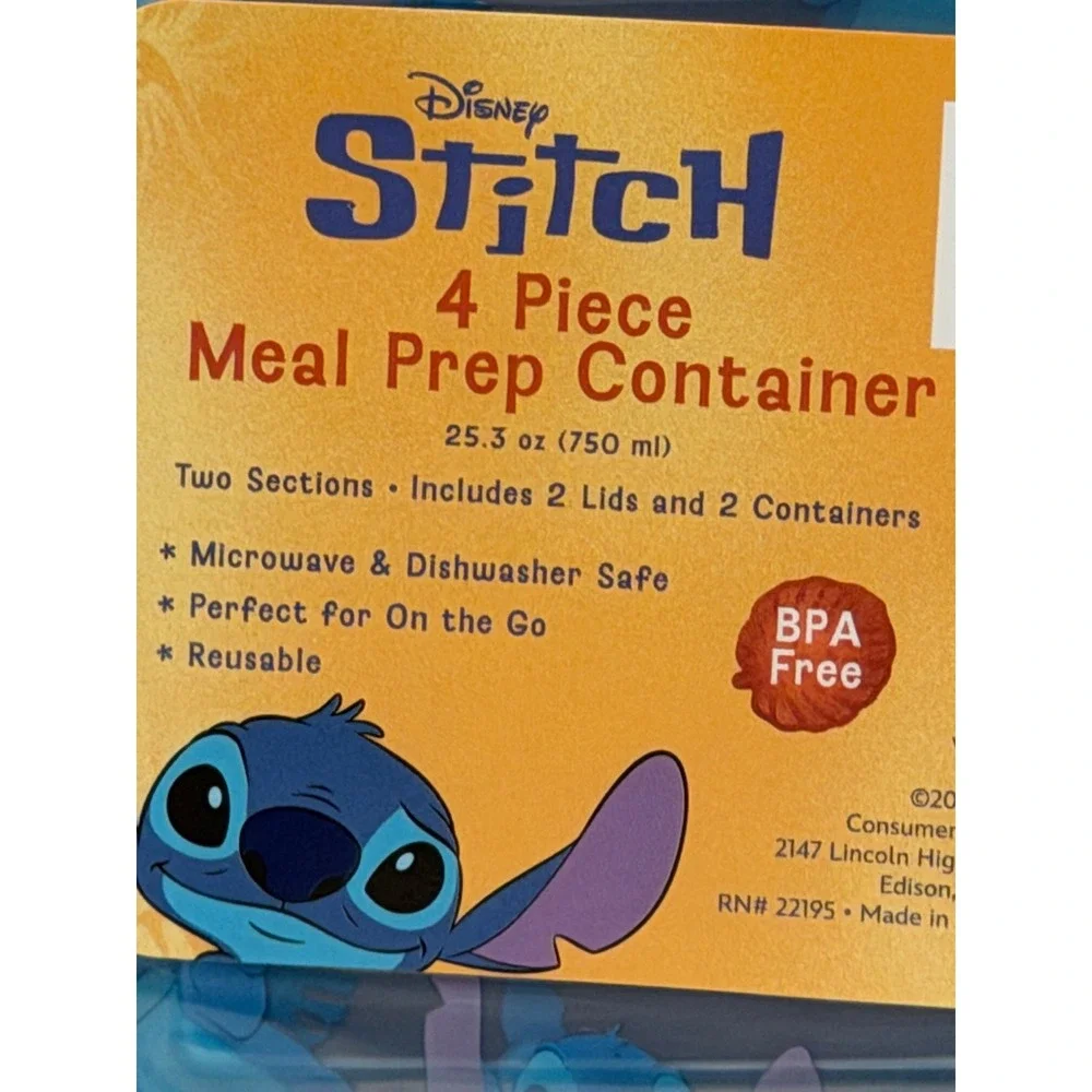 Disney Stitch 4 Piece Meal Prep Container Set 25.3oz Blue Divided Lilo & Stitch